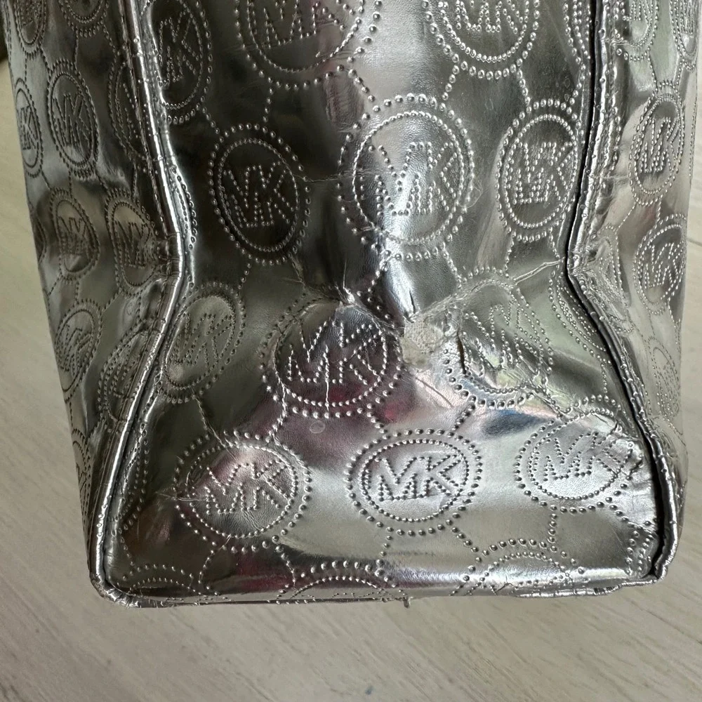 Michael Kors Metallic Silver Embossed Logo Statement Tote Bag Tan Leather Straps